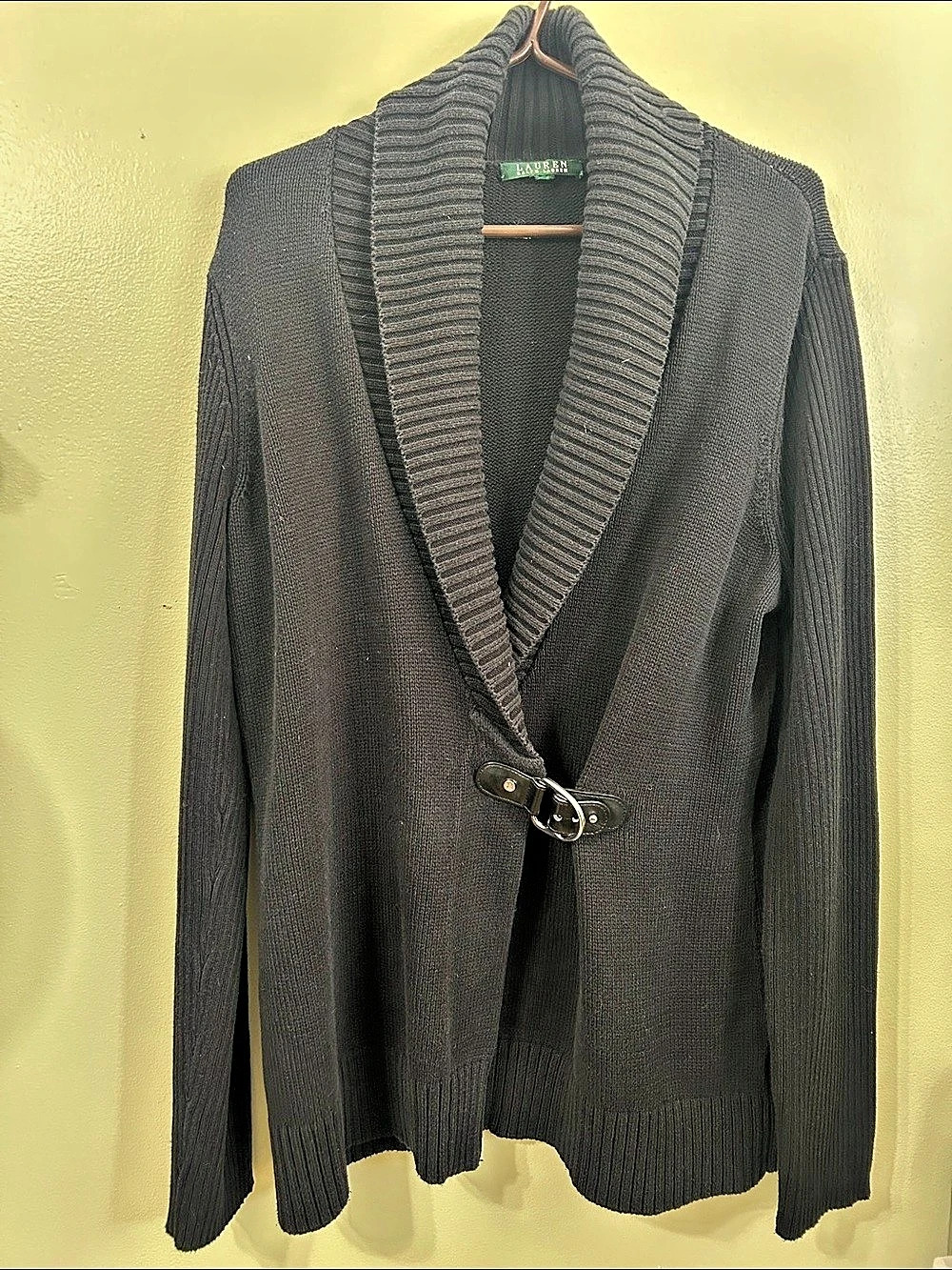 Lauren Ralph Lauren Rib-Knit Shawl Collar Buckle Cardigan Black